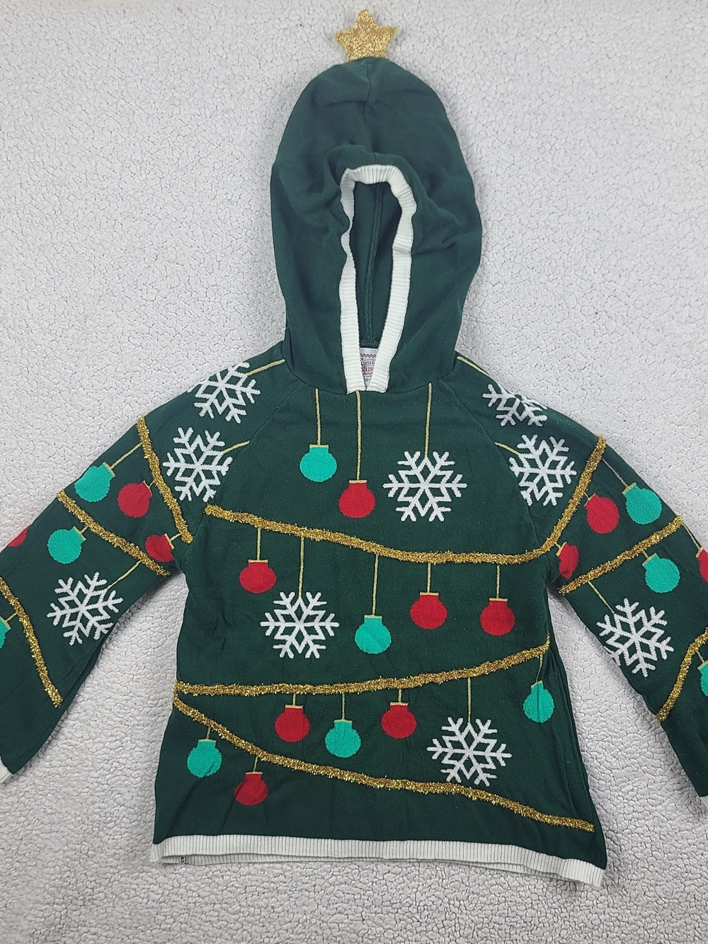 Holiday Hoodie Christmas Tree Sweater Kids Size L 10-12 Green Snowflake Ornament